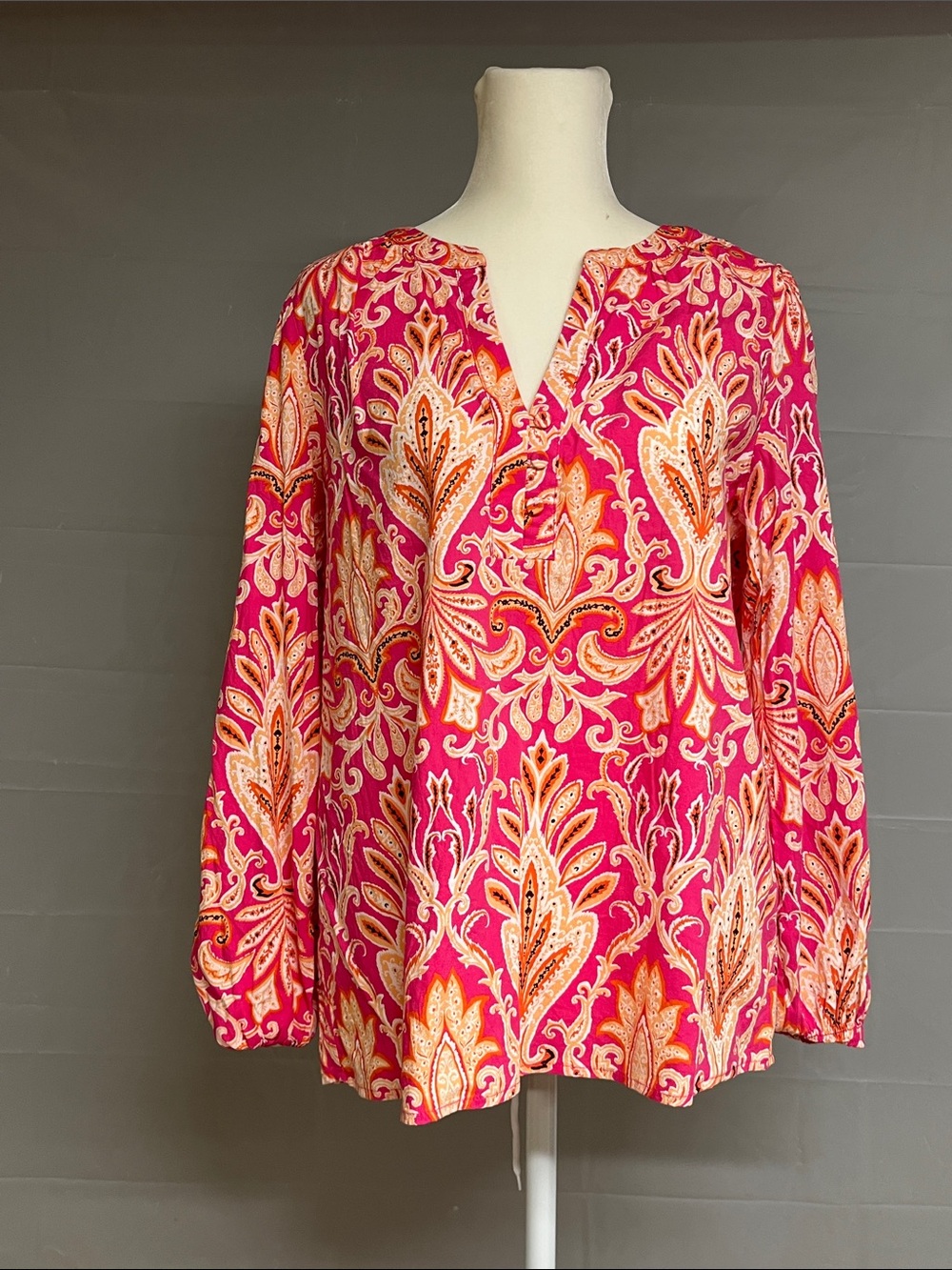LOFT Pink Paisley Split V-Neck Tunic with Orange and Cream Accents